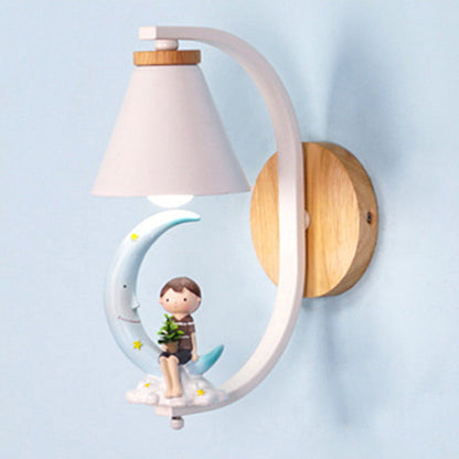 Vivolux | Tapered Wandlamp Kinderen Metallic 1-Licht Bedside Wandverlichting met Decoratieve Beeldje in Wit