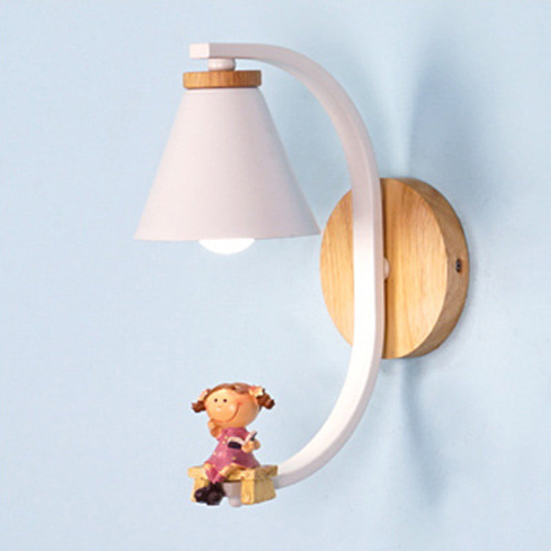 Vivolux | Tapered Wandlamp Kinderen Metallic 1-Licht Bedside Wandverlichting met Decoratieve Beeldje in Wit