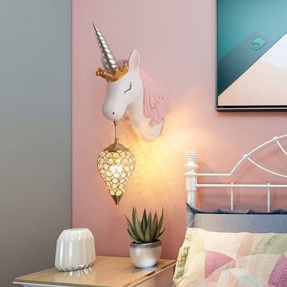 Vivolux | Resin Eenhoorn Wandlamp Cartoon Enkel-Lamp Wandverlichting Fixture met Kristallen Kap