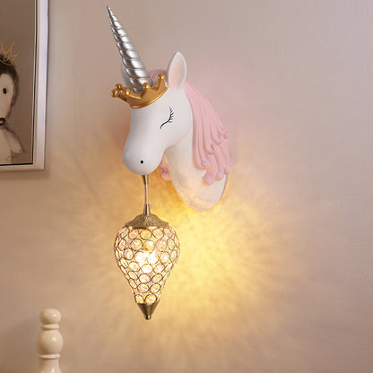 Vivolux | Resin Eenhoorn Wandlamp Cartoon Enkel-Lamp Wandverlichting Fixture met Kristallen Kap