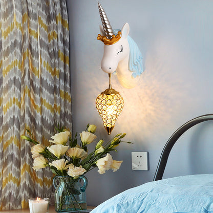 Vivolux | Resin Eenhoorn Wandlamp Cartoon Enkel-Lamp Wandverlichting Fixture met Kristallen Kap