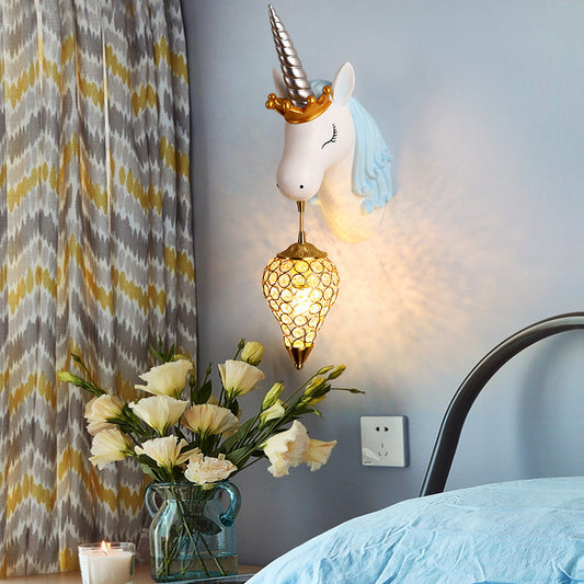 Vivolux | Resin Eenhoorn Wandlamp Cartoon Enkel-Lamp Wandverlichting Fixture met Kristallen Kap