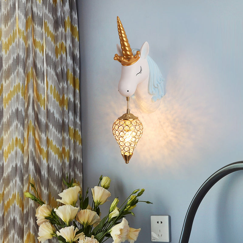 Vivolux | Resin Eenhoorn Wandlamp Cartoon Enkel-Lamp Wandverlichting Fixture met Kristallen Kap