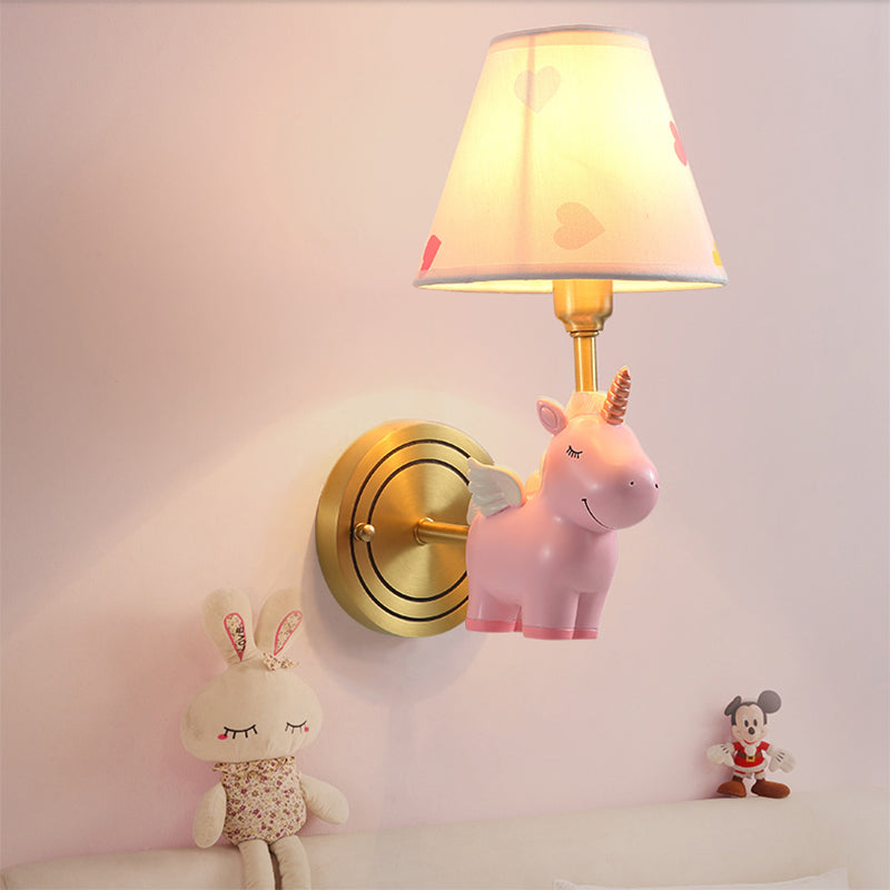 Vivolux | Empire Shade Peuter Wandlamp Stof Roze Cartoon Wandverlichting Armatuur met Hars Eenhoorn