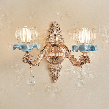 Vivolux | Gold Wandleuchte Einfachheit Cream Glas Blumen Wandleuchte mit Kristallverzierung