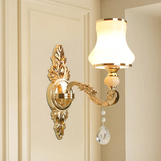 Vivolux | Opal Glas Gold Wandlamp Bloemenschaduw Antieke Wandverlichting Fixture met Kristal Accent