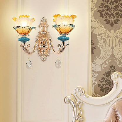 Vivolux | Traditionale Blumen Wandmontage Licht Rüschenglas Wandlicht mit Kristallverzierung in Gold