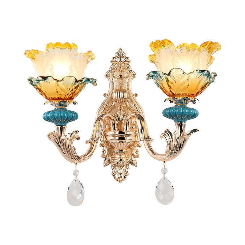 Vivolux | Traditionale Blumen Wandmontage Licht Rüschenglas Wandlicht mit Kristallverzierung in Gold