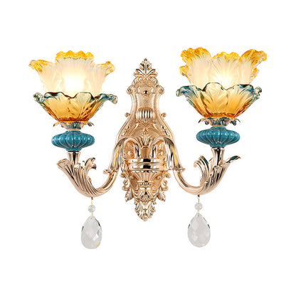 Vivolux | Traditionale Blumen Wandmontage Licht Rüschenglas Wandlicht mit Kristallverzierung in Gold