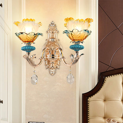 Vivolux | Traditionale Blumen Wandmontage Licht Rüschenglas Wandlicht mit Kristallverzierung in Gold