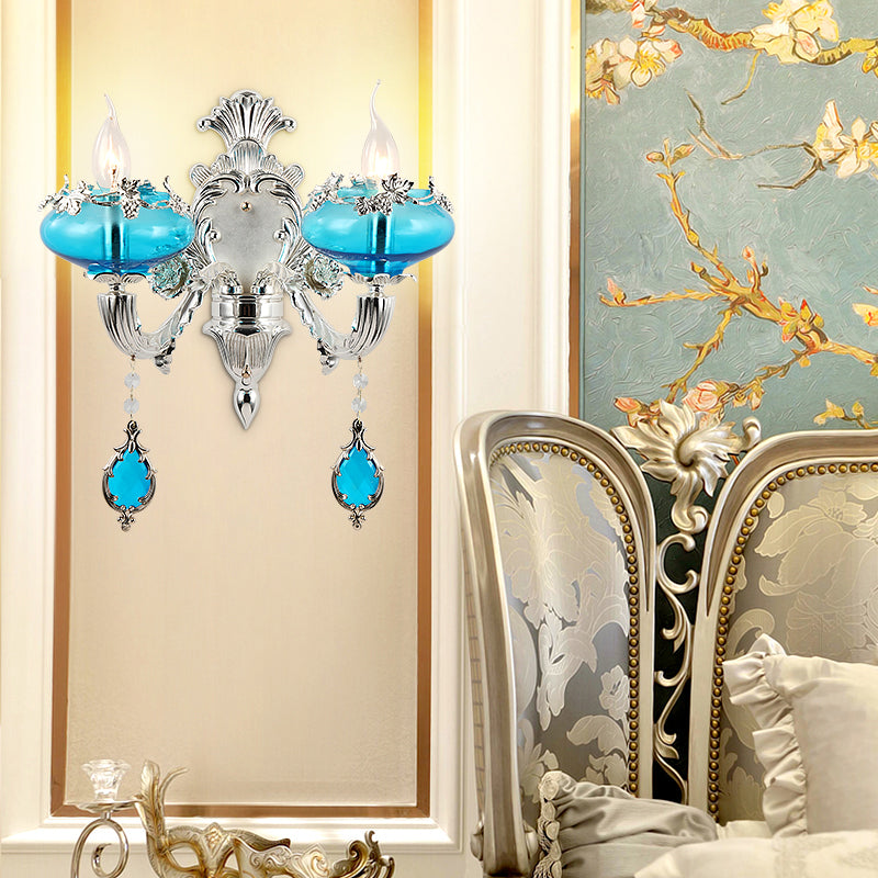 Vivolux | Oblate Blaues Glas Wandlicht Vintage Flur Wandmontierte Lampe mit Kristallakzent in Silber