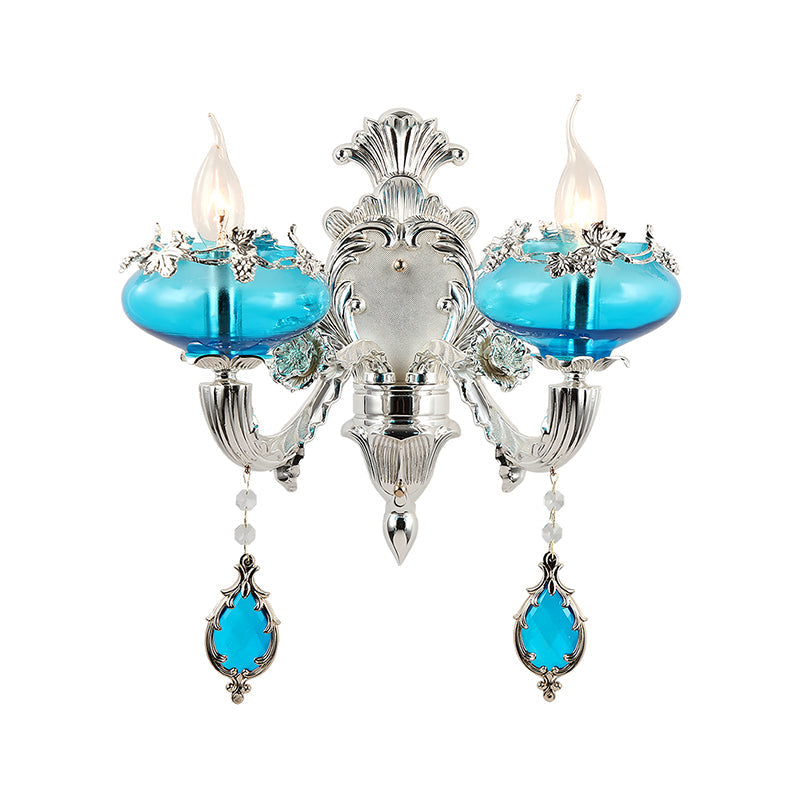 Vivolux | Oblate Blaues Glas Wandlicht Vintage Flur Wandmontierte Lampe mit Kristallakzent in Silber