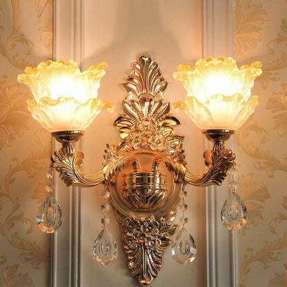 Vivolux | Gold Wandleuchte Vintage Mattglas Rüschblume Wandlampe mit hängendem Kristall