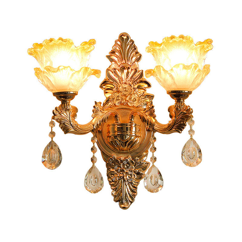 Vivolux | Gold Wandleuchte Vintage Mattglas Rüschblume Wandlampe mit hängendem Kristall
