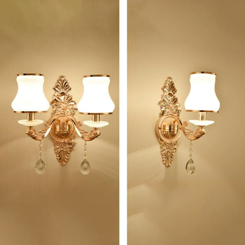 Vivolux | Gold Wandmontage Licht Retro Glas Floral Schirm Wandbeleuchtung mit hängendem Kristall