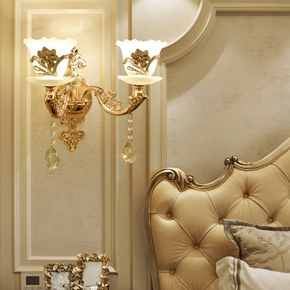 Vivolux | Gold Wandmontage Licht Retro Glas Floral Schirm Wandbeleuchtung mit hängendem Kristall