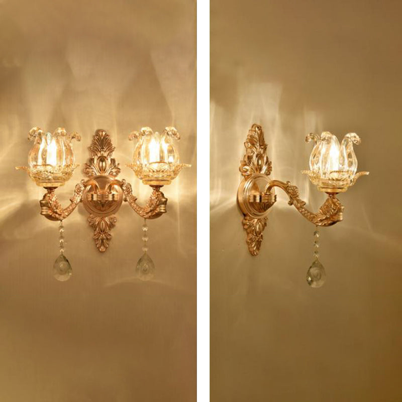 Vivolux | Gold Wandmontage Licht Retro Glas Floral Schirm Wandbeleuchtung mit hängendem Kristall