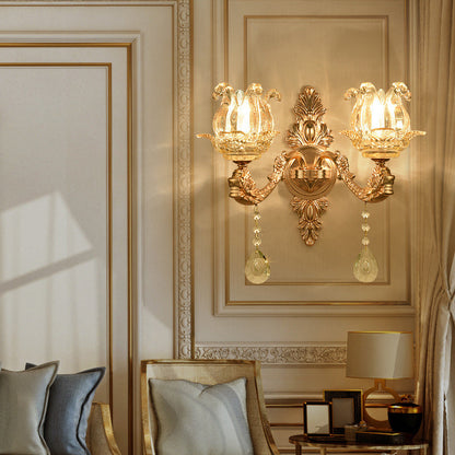 Vivolux | Gold Wandmontage Licht Retro Glas Floral Schirm Wandbeleuchtung mit hängendem Kristall