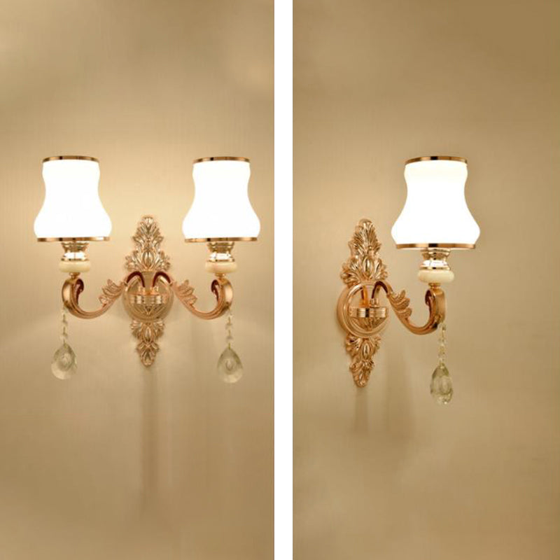 Vivolux | Gold Wandmontage Licht Retro Glas Floral Schirm Wandbeleuchtung mit hängendem Kristall