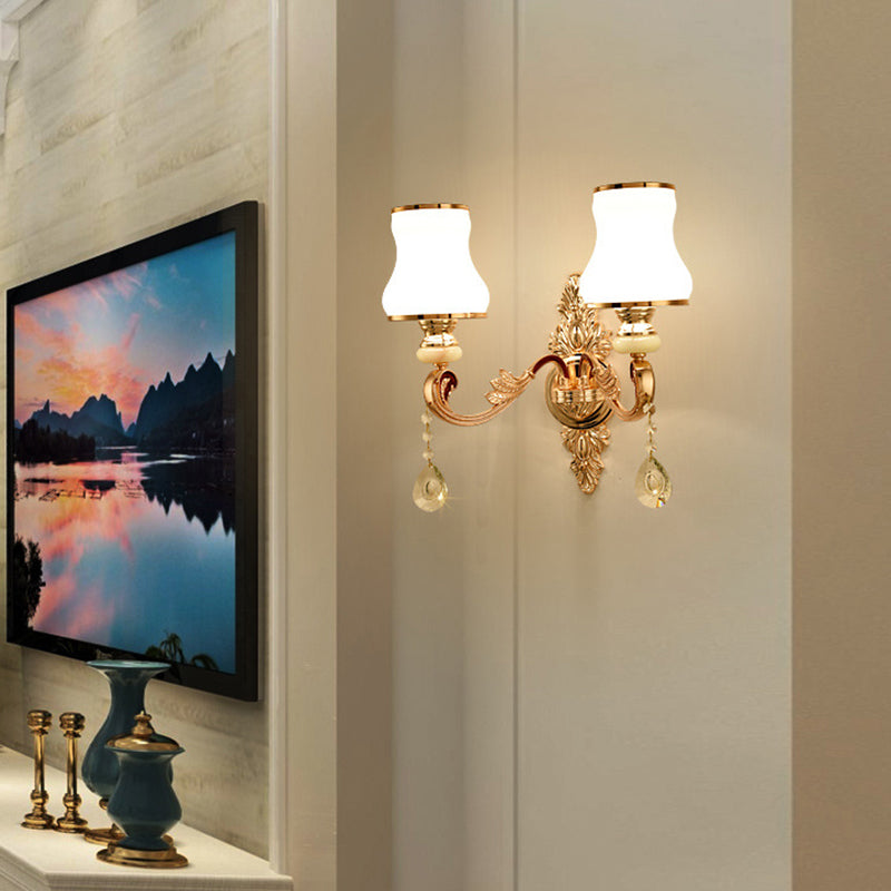 Vivolux | Gold Wandmontage Licht Retro Glas Floral Schirm Wandbeleuchtung mit hängendem Kristall