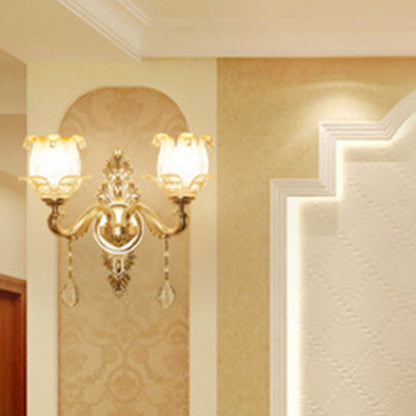 Vivolux | Retro Stil Blume Wandlampe Glas Wandlicht mit Kristalltropfen in Gold