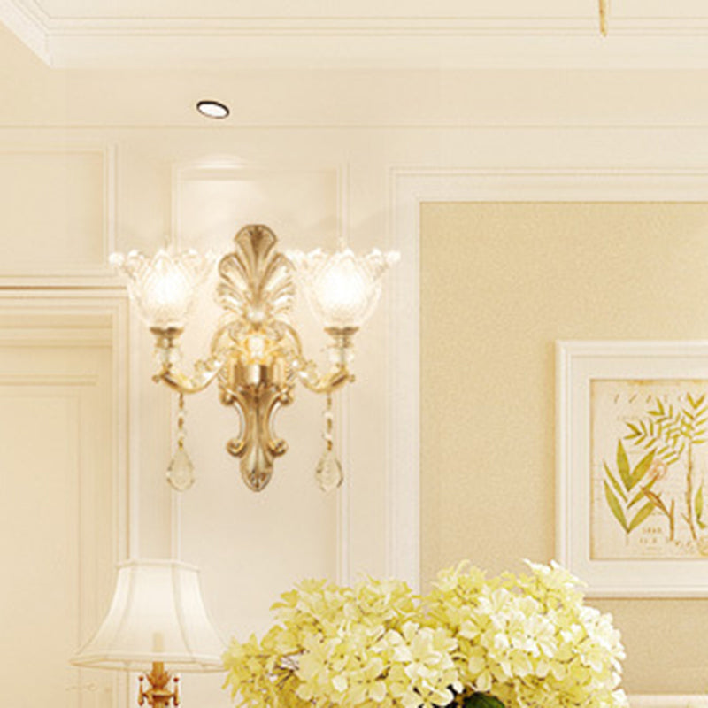 Vivolux | Blumenstrukturiertes Glas Wandlicht Antikes Wohnzimmer Wandbeleuchtungsgerät mit Kristallakzent in Gold