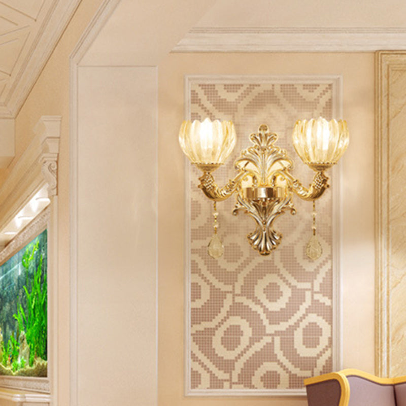 Vivolux | Blumenstrukturiertes Glas Wandlicht Antikes Wohnzimmer Wandbeleuchtungsgerät mit Kristallakzent in Gold