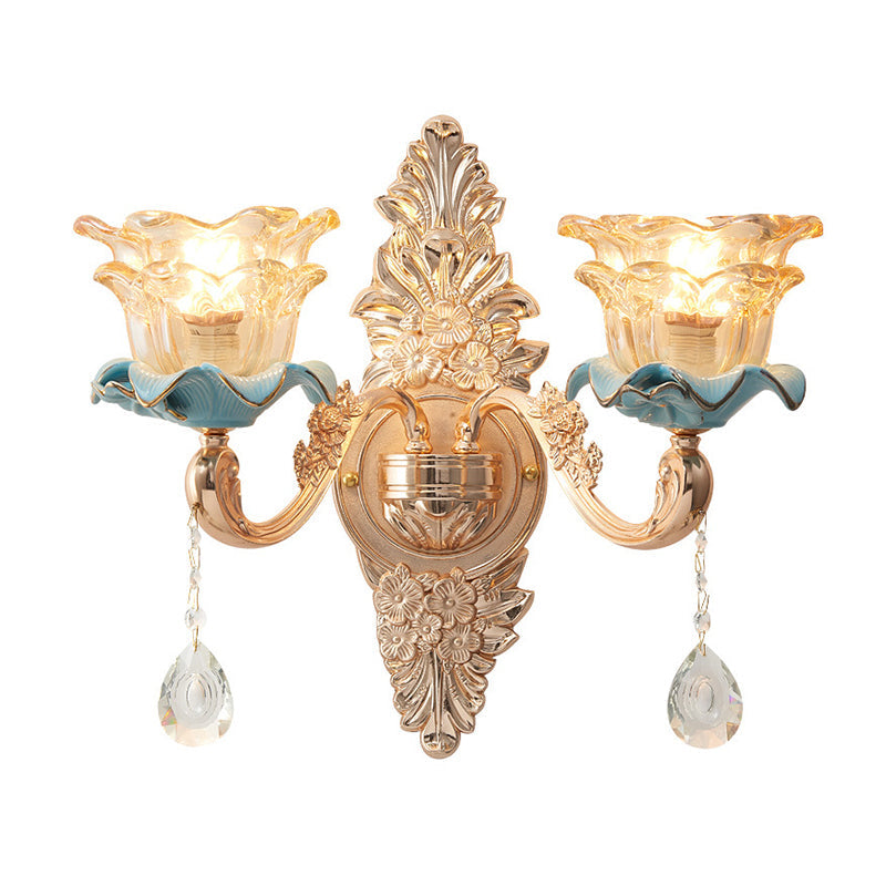 Vivolux | Braunes Glas Blumigem Rüsche Wandlicht Leuchte Vintage Flur Wandleuchte mit hängendem Kristall in Gold