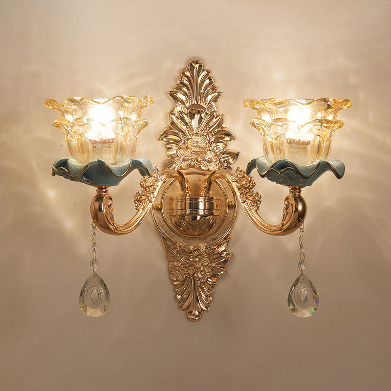 Vivolux | Braunes Glas Blumigem Rüsche Wandlicht Leuchte Vintage Flur Wandleuchte mit hängendem Kristall in Gold