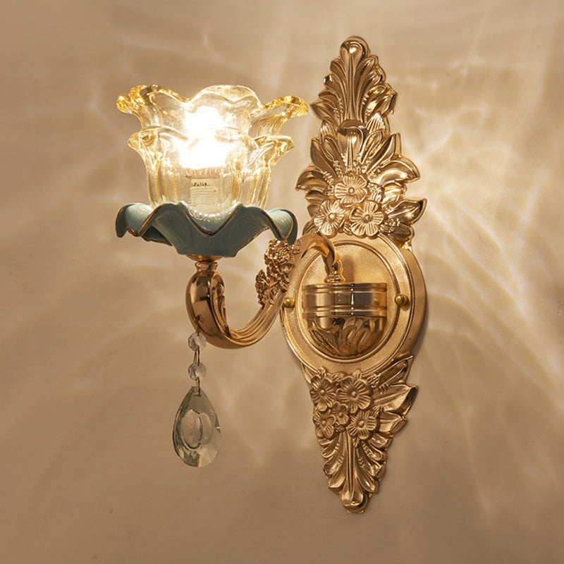 Vivolux | Braunes Glas Blumigem Rüsche Wandlicht Leuchte Vintage Flur Wandleuchte mit hängendem Kristall in Gold
