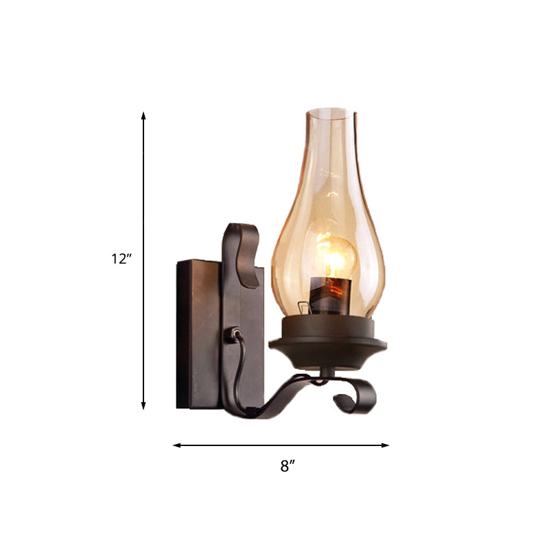 Vivolux | Einzelne Licht Amber Glas Wandlampe Vintage Stil Matt Schwarz Kerosin Wohnzimmer Wand Sconce mit gebogenem Arm