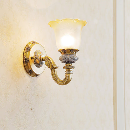 Vivolux | Vintage Flower Wandlamp 1 Licht Frosted Glas Wand-sconce Verlichting met Metalen Gegraveerde Arm in Goud voor Entree