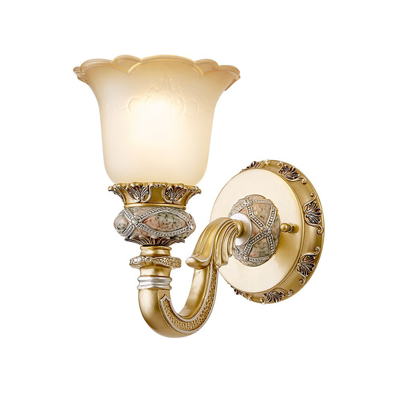 Vivolux | Vintage Flower Wandlamp 1 Licht Frosted Glas Wand-sconce Verlichting met Metalen Gegraveerde Arm in Goud voor Entree