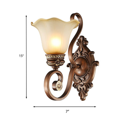 Vivolux | Retro Floral Wandleuchte 1 Licht Frosted Glas Wandarmatur mit Metall gebogenem Arm in Braun für Veranda