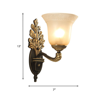 Vivolux | Bell Schlafzimmer Wandleuchte Rustikal Gefrostetes Glas 1/2-Licht Schwarz-Gold Wandlampe mit geschnitztem Arm