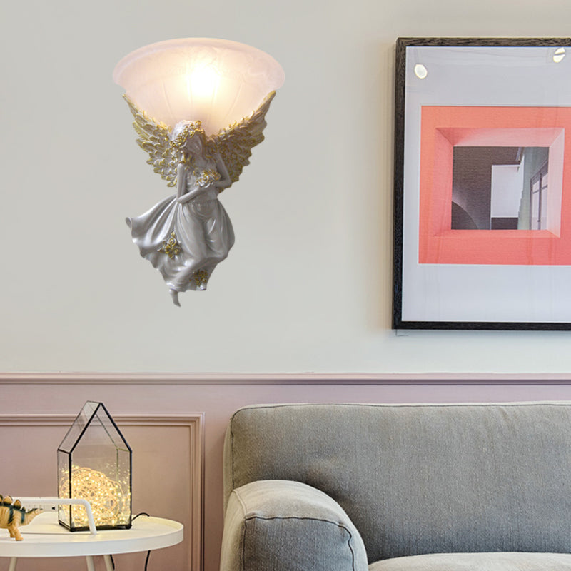Vivolux | Ausladende Wohnzimmer-Wandleuchte Einfache Stil Frosted/Amber Glas 1 Licht Wandleuchte mit Gold/Weiß Engel nach Rechts/Links