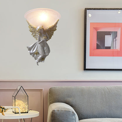 Vivolux | Ausladende Wohnzimmer-Wandleuchte Einfache Stil Frosted/Amber Glas 1 Licht Wandleuchte mit Gold/Weiß Engel nach Rechts/Links