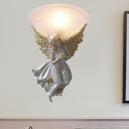 Vivolux | Ausladende Wohnzimmer-Wandleuchte Einfache Stil Frosted/Amber Glas 1 Licht Wandleuchte mit Gold/Weiß Engel nach Rechts/Links