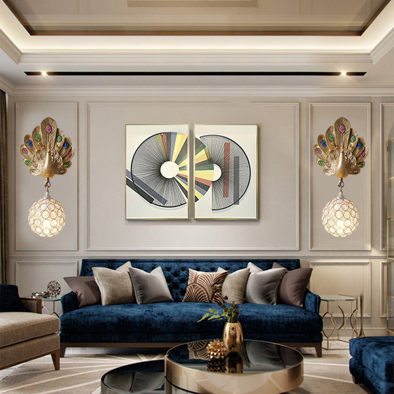 Vivolux | Klarer Kristallorb Wandleuchte mit Harz-Pfau 1 Licht Gold/Pink/Weiß Wandmontierte Licht für Nachttisch