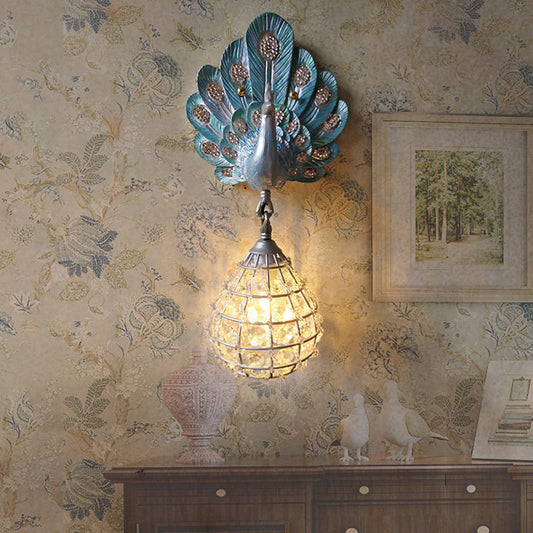 Vivolux | 1 Licht Wandmontage Licht mit Pfau-Dekoration Harz Vintage Schlafzimmer Wandlampe in Grün/Silber/Blau