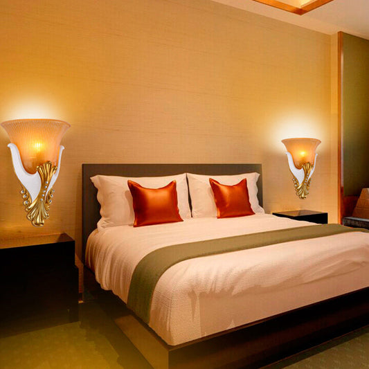 Vivolux | 1 Licht Ribbelglas Wandlamp Vintage Wit/Gele Belvormige Nachtkastlamp, 9.5"/13" Breed