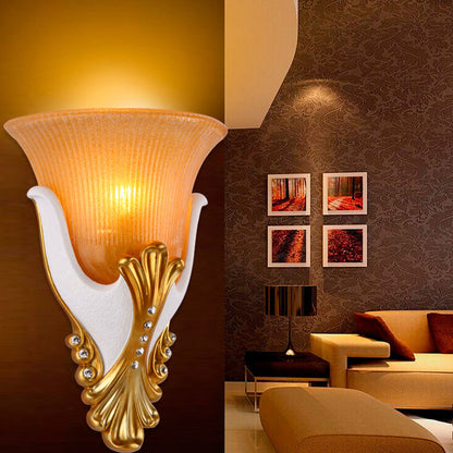 Vivolux | 1 Licht Ribbelglas Wandlamp Vintage Wit/Gele Belvormige Nachtkastlamp, 9.5"/13" Breed