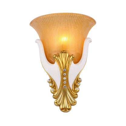 Vivolux | 1 Licht Ribbelglas Wandlamp Vintage Wit/Gele Belvormige Nachtkastlamp, 9.5"/13" Breed