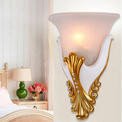 Vivolux | 1 Licht Ribbelglas Wandlamp Vintage Wit/Gele Belvormige Nachtkastlamp, 9.5"/13" Breed