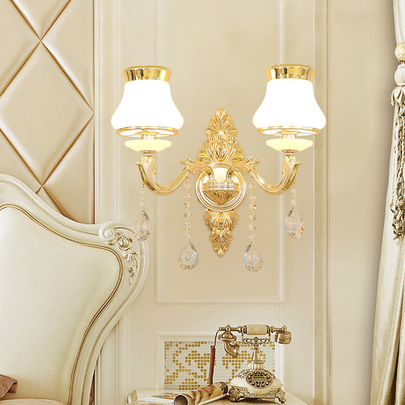 Vivolux | Gold Ge schnitzte Arm Wandschiene Licht Traditionelle Metall Schlafzimmer Wand Licht mit Weißem Lampenschirm