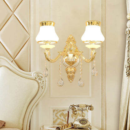 Vivolux | Gold Ge schnitzte Arm Wandschiene Licht Traditionelle Metall Schlafzimmer Wand Licht mit Weißem Lampenschirm