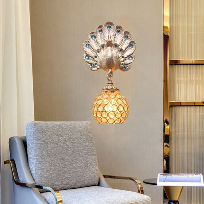 Vivolux | Dome Metalen en Kristallen Wandlamp Antieke Stijl 1 Licht Corridor Wandlamp met Zilveren Pauwen Achterplaat