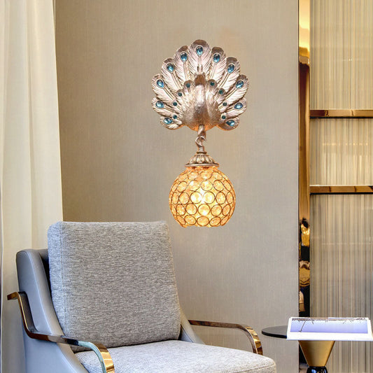 Vivolux | Dome Metalen en Kristallen Wandlamp Antieke Stijl 1 Licht Corridor Wandlamp met Zilveren Pauwen Achterplaat