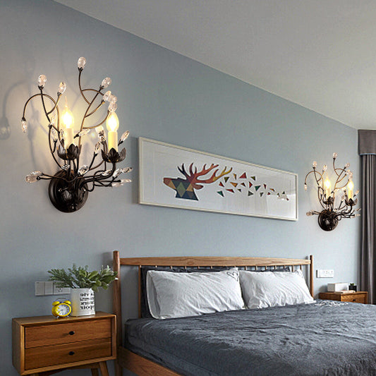 Vivolux | Schwarze 2-Licht Wandleuchte Rustikale Metall Kerzen Wandbeleuchtung Fixture für Schlafzimmer mit Kristall Dekorativ