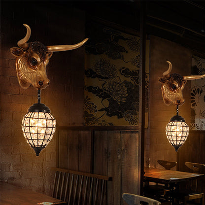 Vivolux | Country Cattle Wandleuchte 1-Licht Harz Wandmontage Beleuchtung in Braun mit Tropfen/Globus Kristallschirm